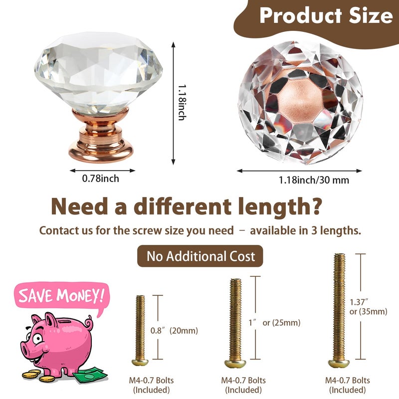DeELF Outlet 26 pcs Crystal Rose Gold Glass Drawer Pulls 30 mm Decorative Knobs for Kitchen Bathroom Cabinet, Dresser and Cupboard by DeElf - Image 3
